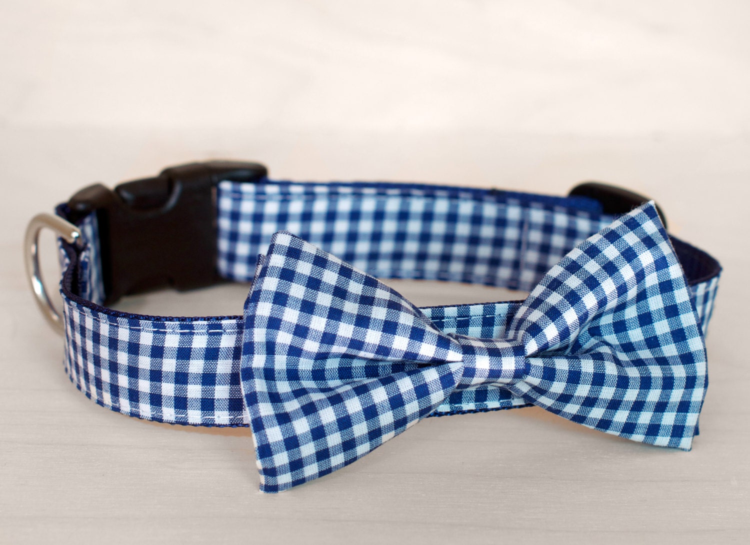 Navy Gingham Bow Tie Dog Collar
