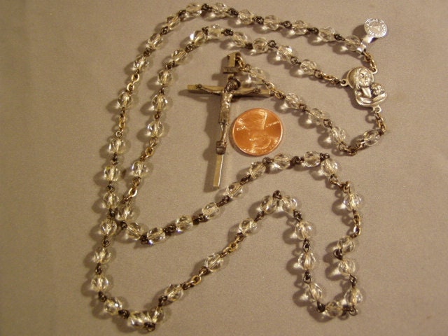 Vintage Catholic Rosary Silver Tone With Faceted Clear Glass Beads Made in Italy  4211