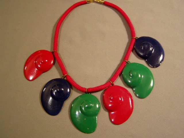 Vintage 1960s Mod Fringe Necklace Red Cord With Blue Red Green Painted Metal Pendants 4953