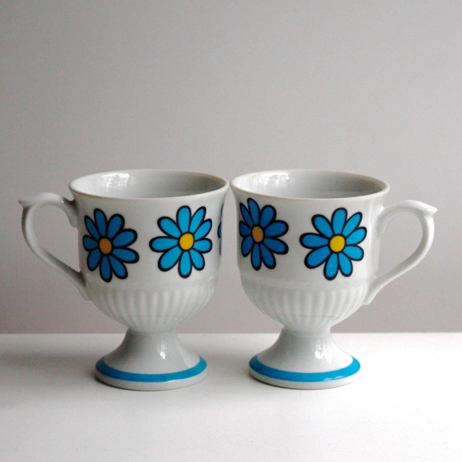 Vintage Footed Coffee Mugs with Blue Flowers - Daisy Japan - Set of Two