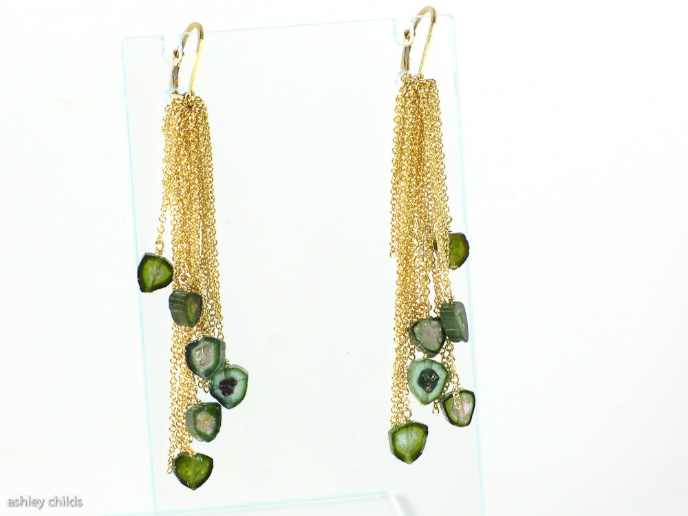 Gold Chain Fringe and Green Tourmaline Raw Beaded Earrings AC0679 by Ashley Childs