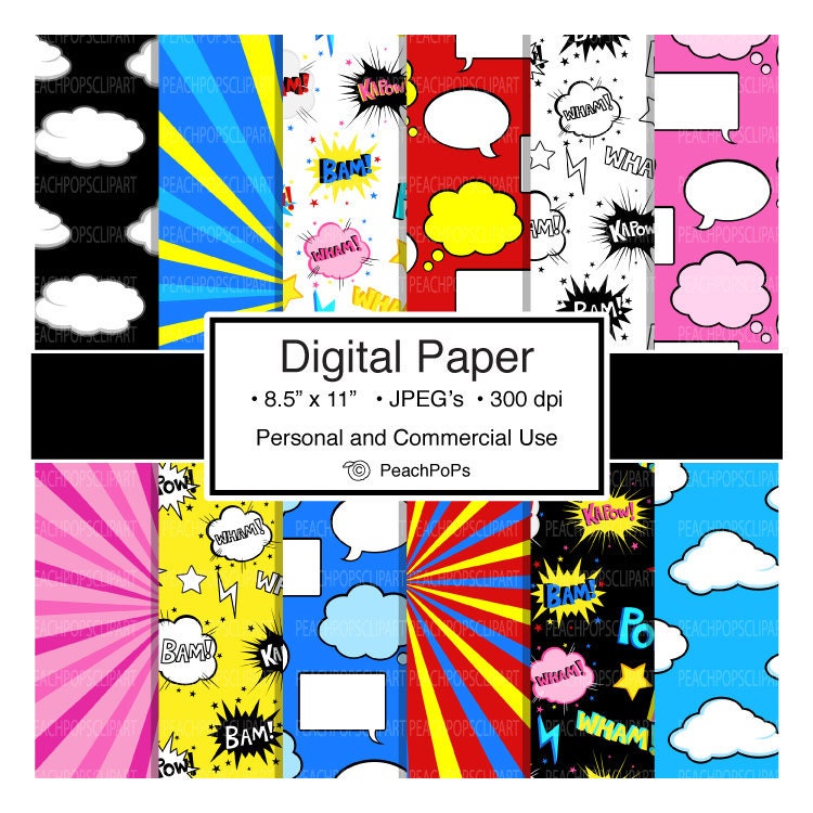 digital paper pack hero - Superheroes - 12 Digital Papers - 8.5 x 11 JPEG - Personal Commercial Use