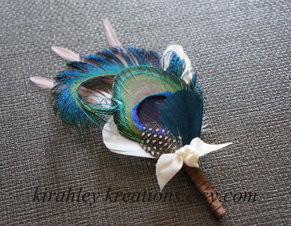 TRENT -- Peacock, Sapphire Blue, Ivory Feather Grooms Keepsake Boutonniere -- Customize in Your Wedding Colors