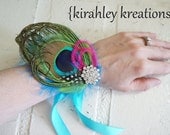 LEHANNA Wristlet -- Turquoise, Lime, Hot Pink and Peacock Feather Brides, Bridesmaids or Prom Corsage, Bracelet -- Customize In YOUR COLORS