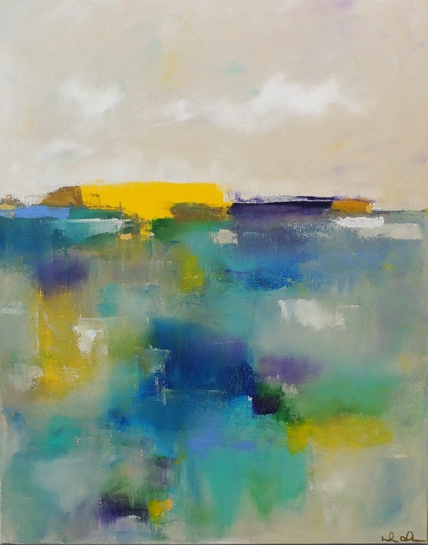 Colorful Landscape Seascape Painting Original Art -Pool Party 22 x 28