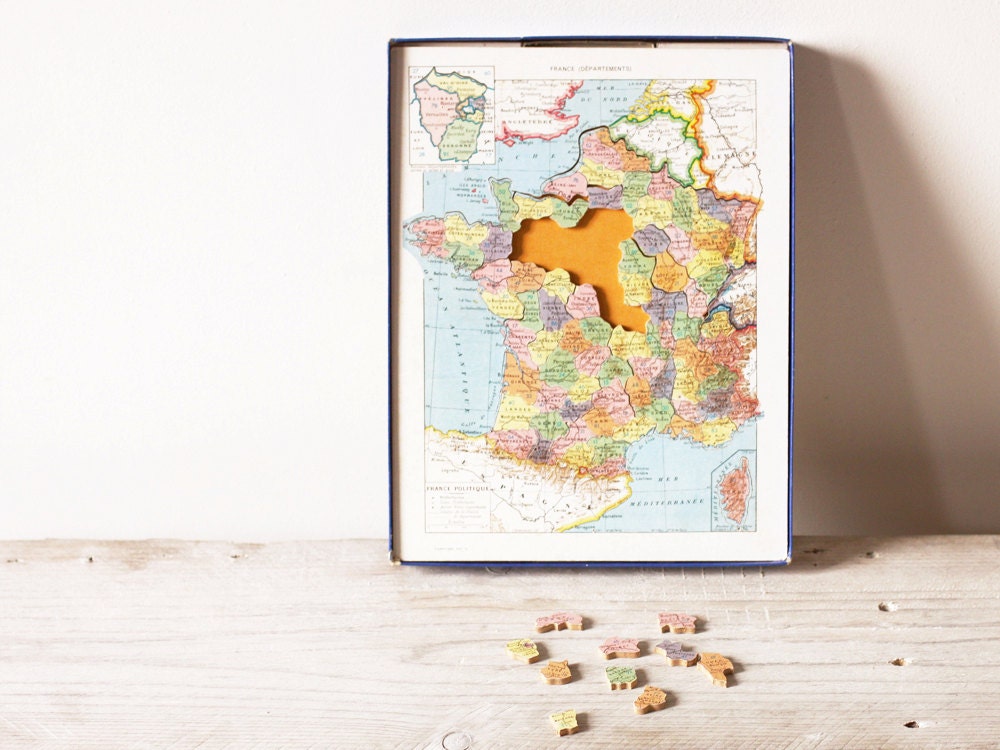 Vintage puzzle of France, French wooden puzzle, Collectible, Larousse