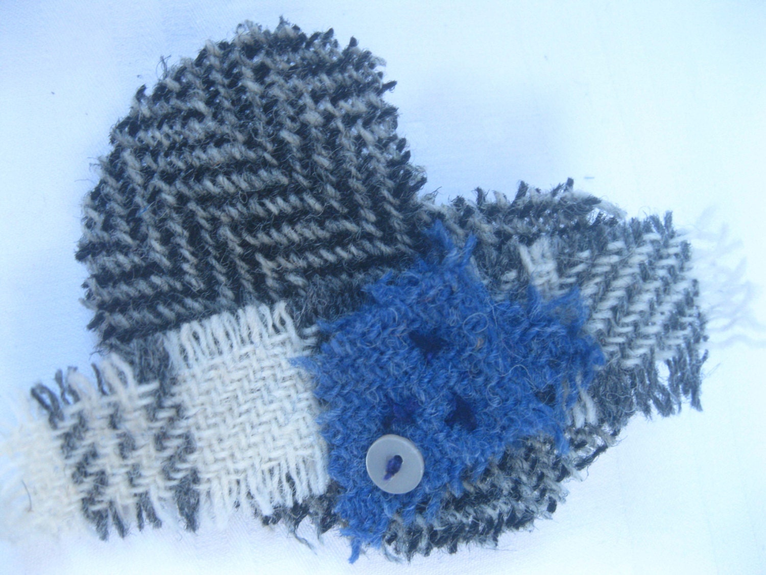 Harris Tweed Fabric Heart shaped Brooch Black, Blue and cream