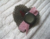 Harris Tweed Fabric Heart shaped Brooch Grey, Red and Pink