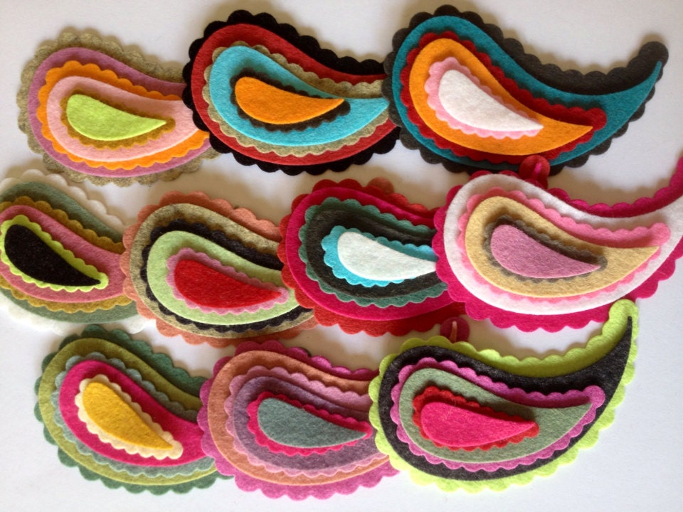 Wool Felt Paisleys 60 total - Sizes 1 1/2" -  4" Random Colored. 1943