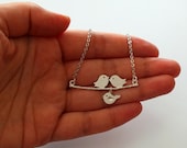 Three Love Birds on a Branch Necklace- Also Available in Gold, Family Bird Necklace,  Mom and Baby Necklace, New Mom Gift, Baby Shower Gift