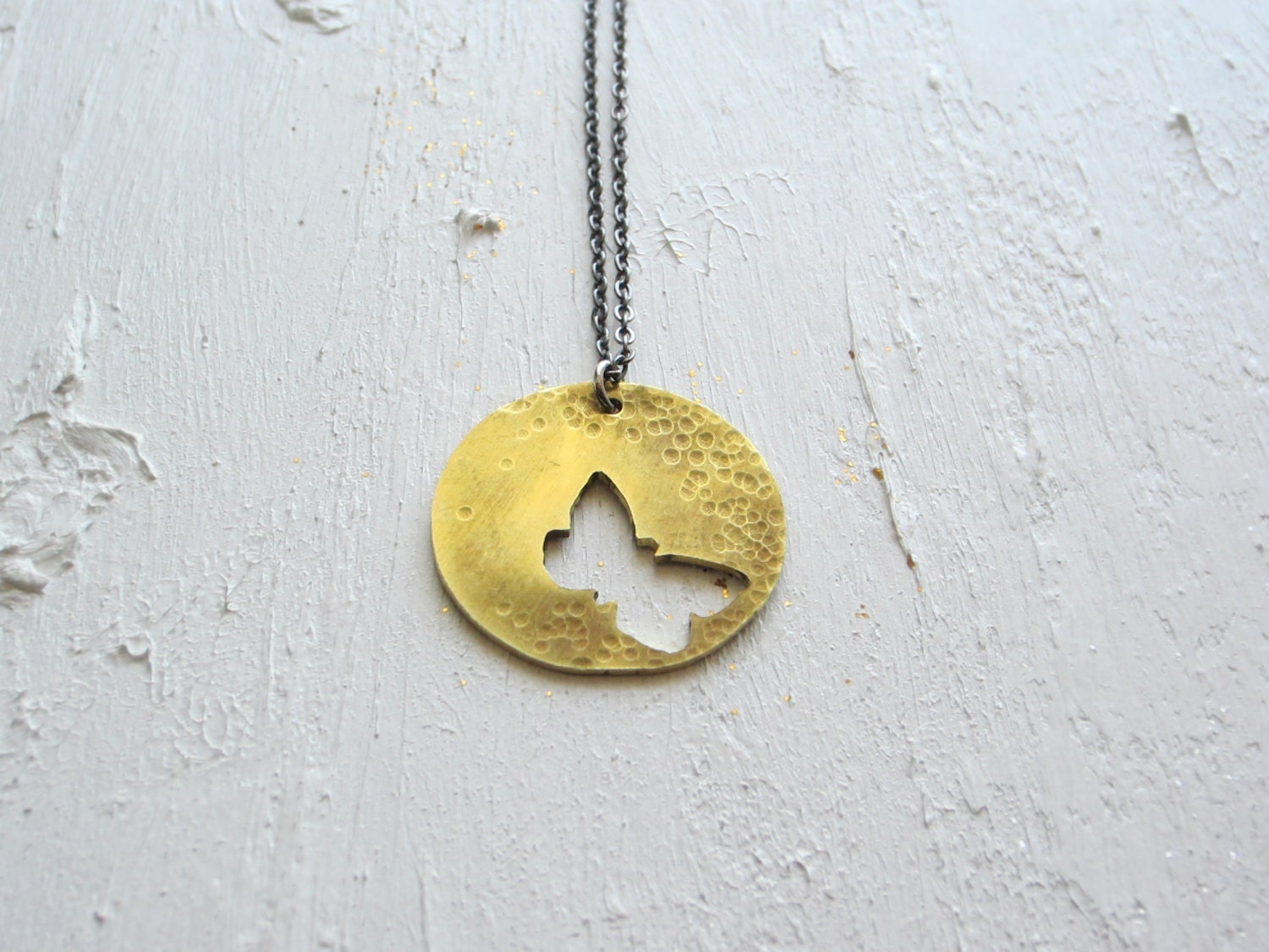 Lullaby - Brass Moon and Butterfly Pendant Necklace Cut Out Jewelry Oxidized Sterling Silver Chain Bohemian Necklace Bohemian Jewelry