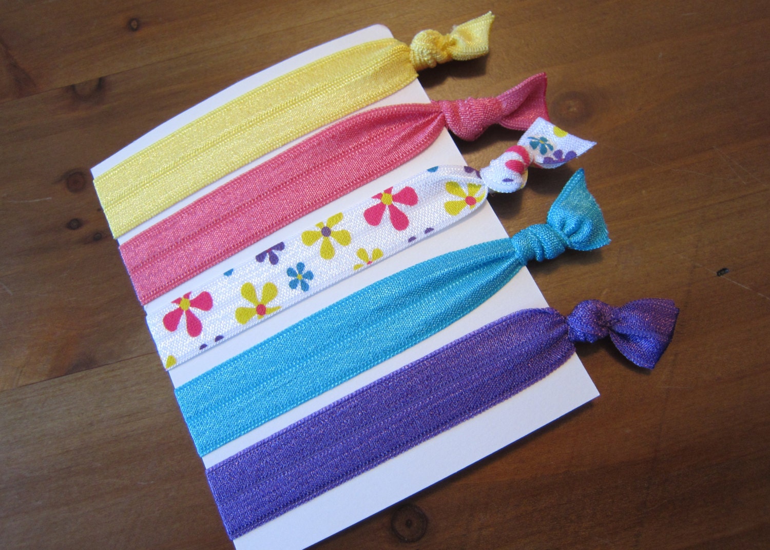 Set of Five (5) Soft Elastic Ponytail Holders Hairties Purple Yellow Pink Turquoise Flower Prints