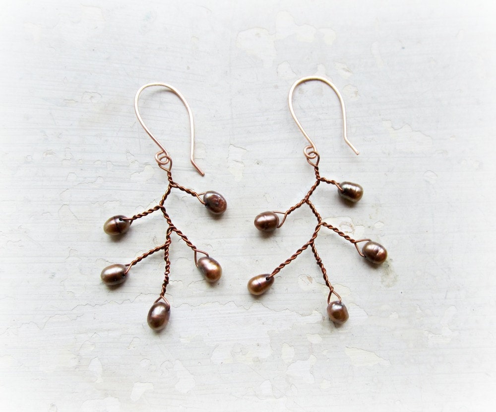 Brown Freshwater Pearl Bloom Earrings // Wire Wrapped Copper Branch Dangles