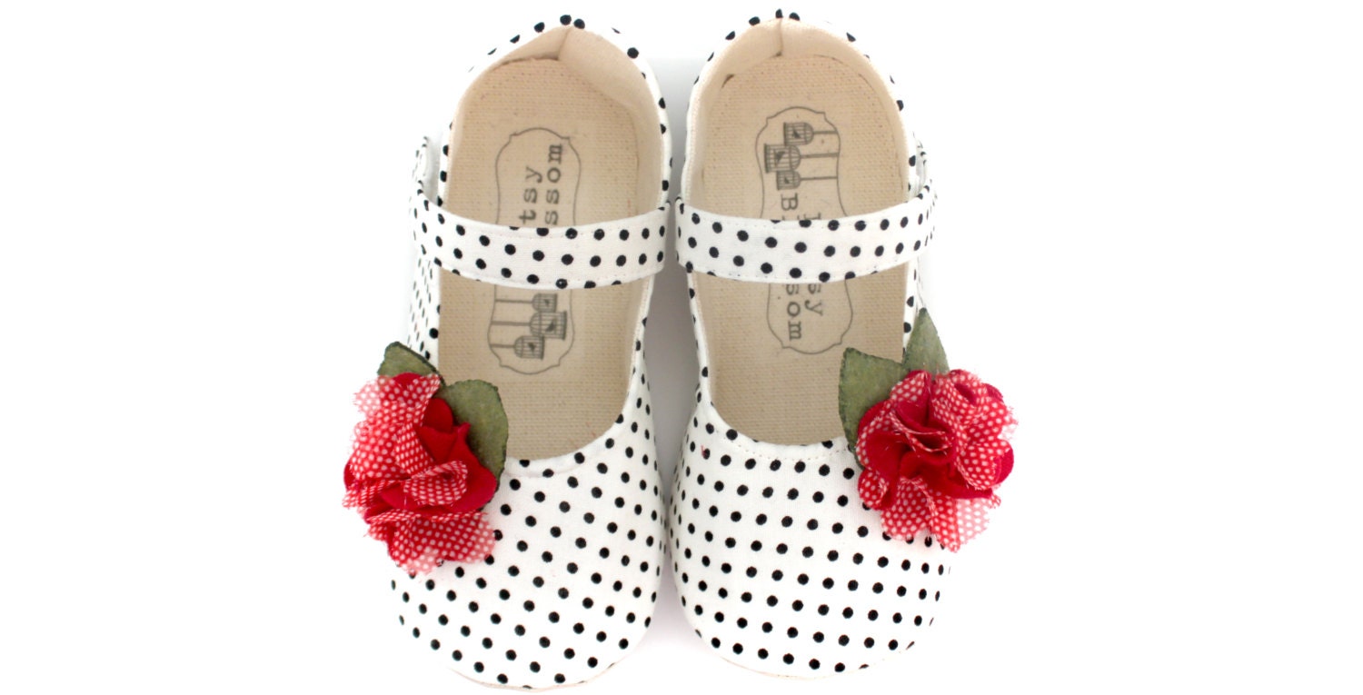 Toddler/Big Girl Shoes Soft Soled Valentines Day Black White Red Polka Dots-Mina-Sizes 10-13