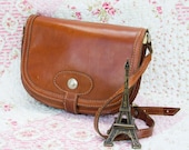 Marcelle, French Vintage, 1970s Tan Leather Satchel, Messenger Handbag from Paris