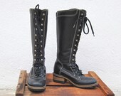 Vintage Black Leather Lace Up Knee Boots Ladies Size 37 (US 7)