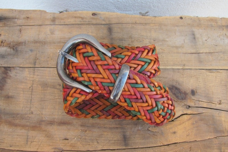 Vintage Wide Multicolored Braided Leather Statement Belt Adjustable