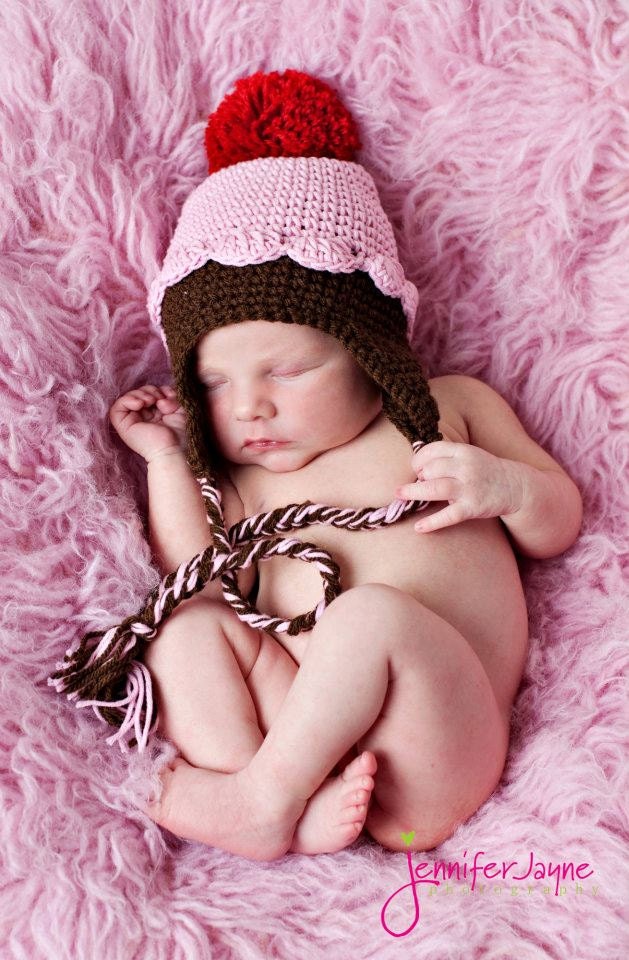 Instant Download PDF crochet pattern pink cupcake hat with earflap-  sizes 0-3 month only-etsy