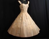 Vintage 1950's 50s Bombshell Beaded Sequins Rhinestones Gold Taffeta Party PROM Wedding DRESS Gown