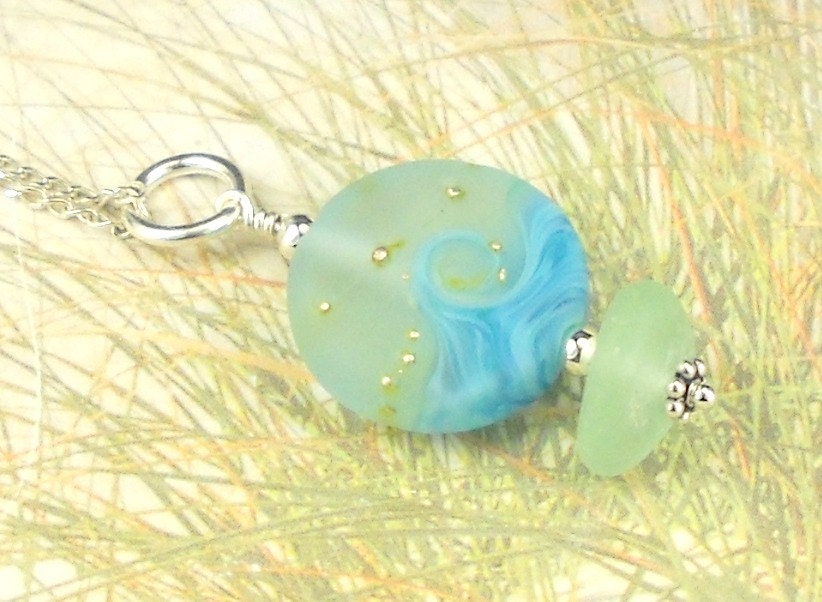 Cresting Wave Lampwork Eco Friendly Aqua Sea Glass Necklace