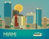 Miami, Florida Skyline - Horizontal Destination Print  Poster Gift  and  Wall Art for Homes, Work, and Nursery  - style E8-O-MIA