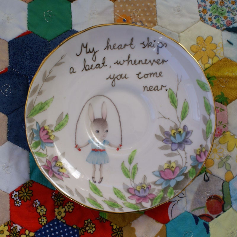 Heart Beats Skipping Bunny Vintage Illustrated Plate