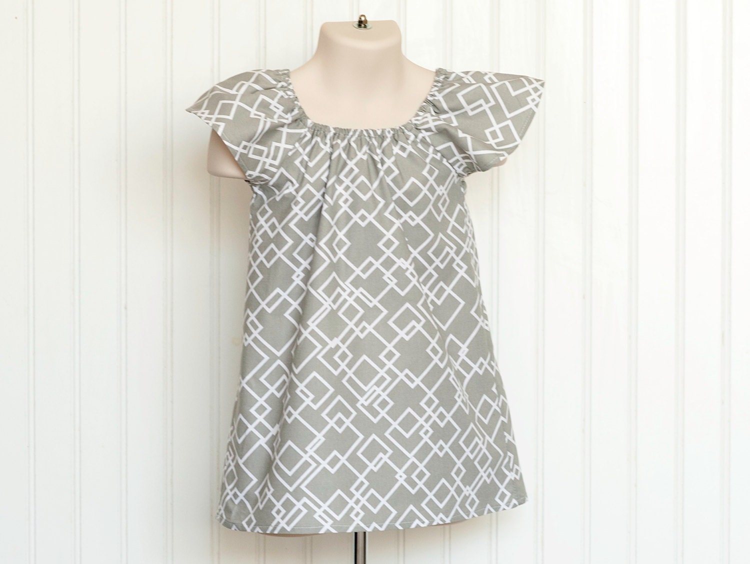 White and Grey Geometric Peasant Dress