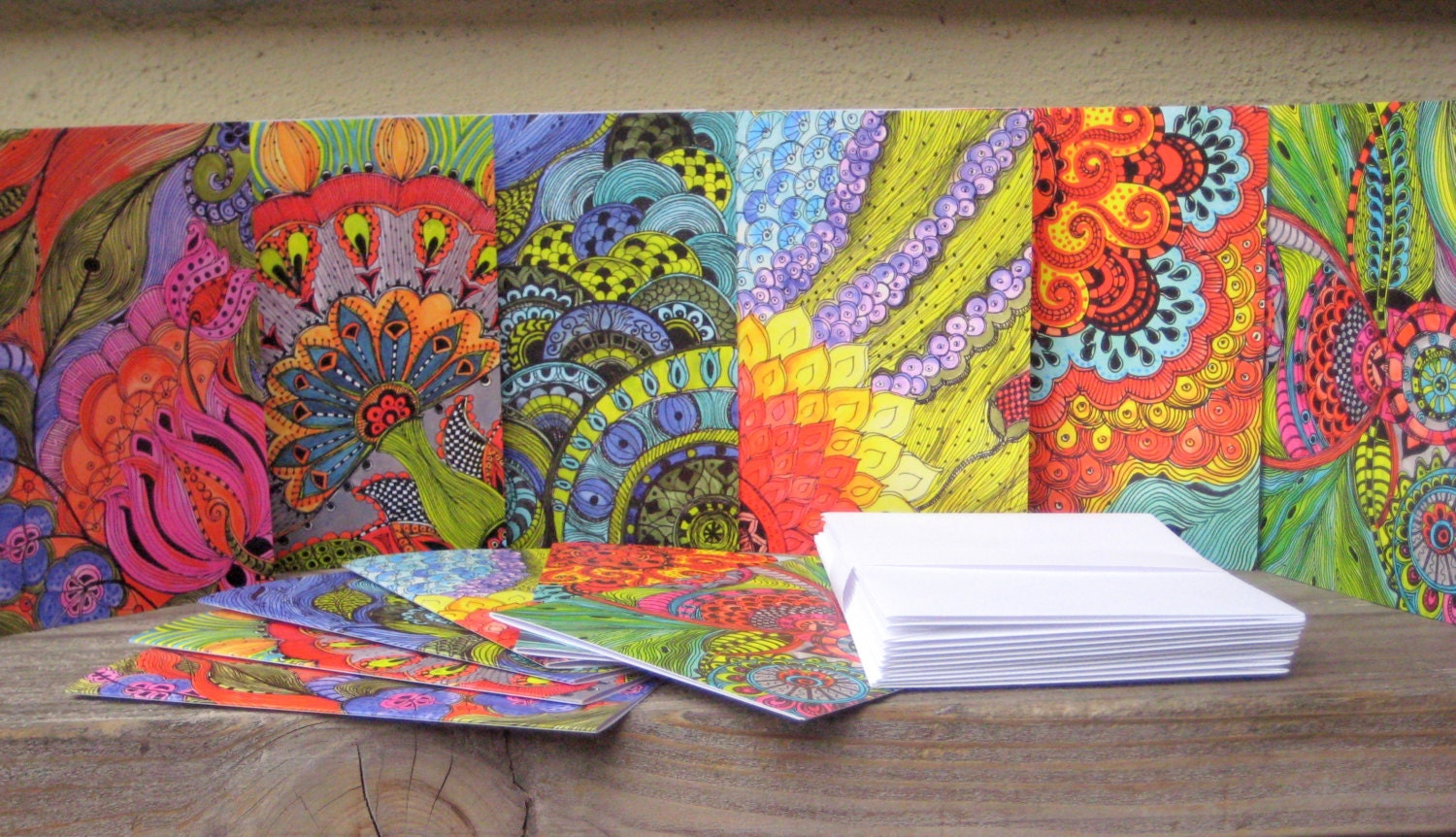 NOTECARDS set of 12 bright color cards BLANK inside with artwork envelopes included