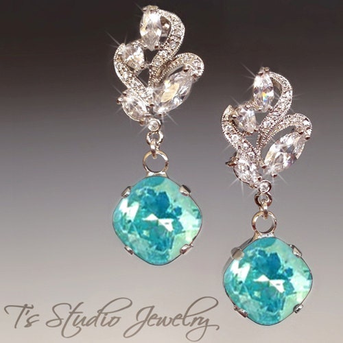 Mint Green Bridesmaid Earrings -Turquoise Pacific Opal - Tiffany Blue Swarovski Cushion Cut Stones