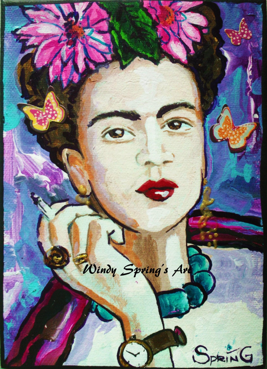 Frida Kahlo Smoking 5x7 ORIGINAL PAINTING by Spring Acrylic on Canvas Mexican Folk Art