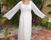 Lace Hippie Bridal Gown Bohemian Empire Gathered HIgh Waist Long White or Ivory Reclaimed Lace Dress