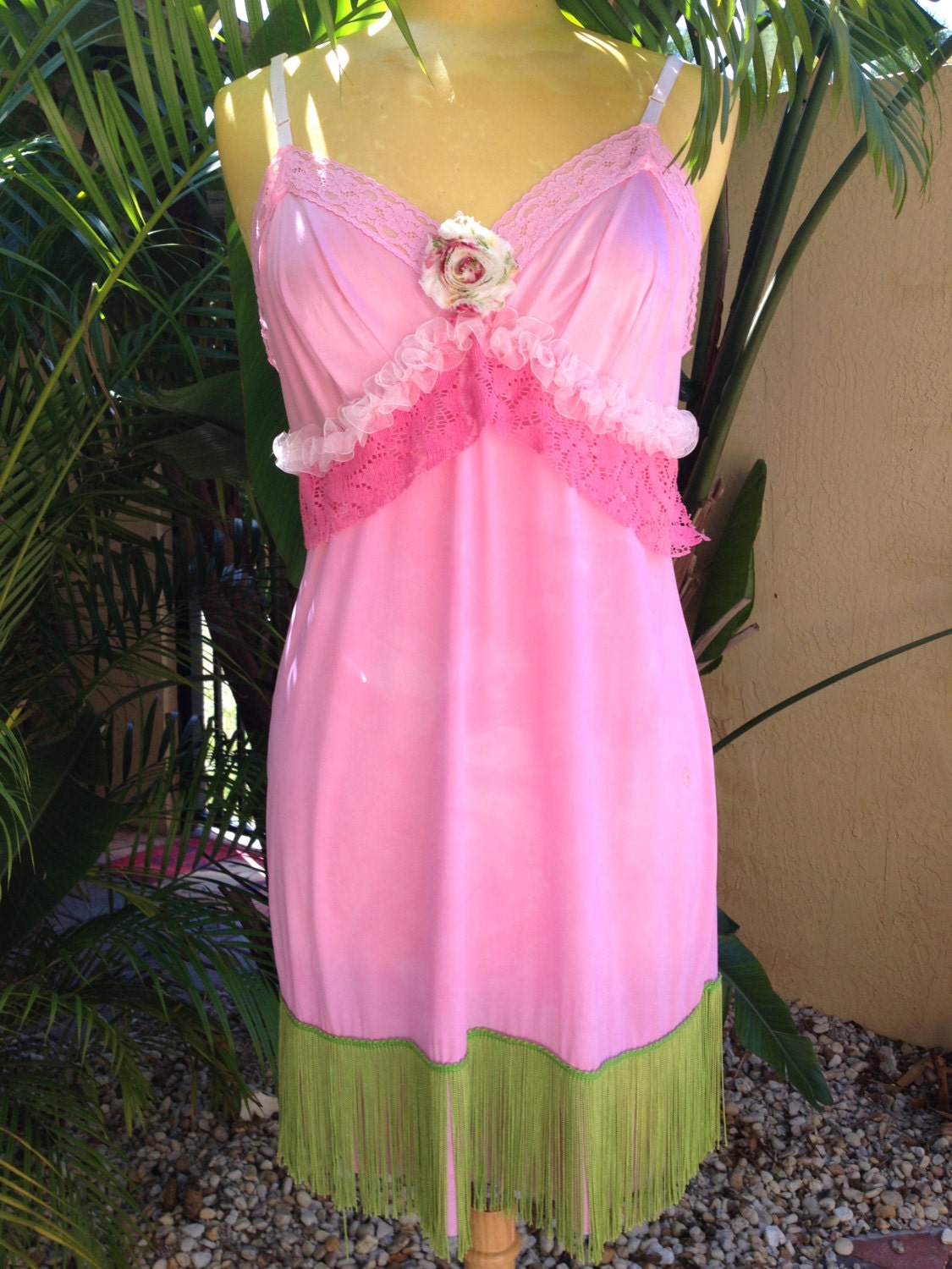 SALE Vintage Slip Upcycle Pink Hand Dyed Dress Bridesmaid Wedding Green Flapper Fringe with Crochet Lace by vastly vintage on etsy