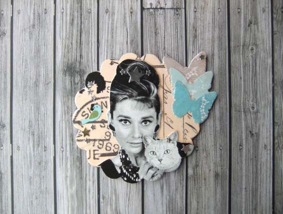old hollywood AUDREY HEPBURN with CAT collage brooch pin or ornament