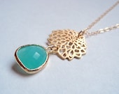 Aqua chalcedony GLASS gold chrysanthemum mum flower gold fill necklace.  Bridal necklace.  Bridesmaids necklace. Wedding jewelry.