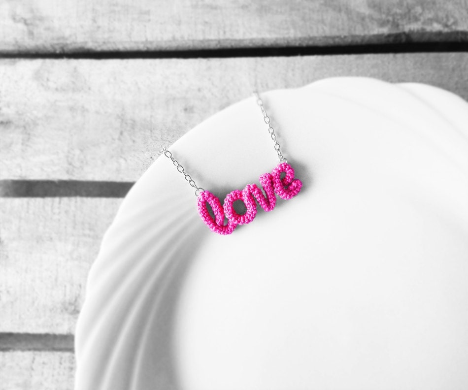 Love Necklace, Word Charm Pendant, Romantic Personalized Necklace, Crochet Wrap Jewelry, Friendship Necklace, Pink