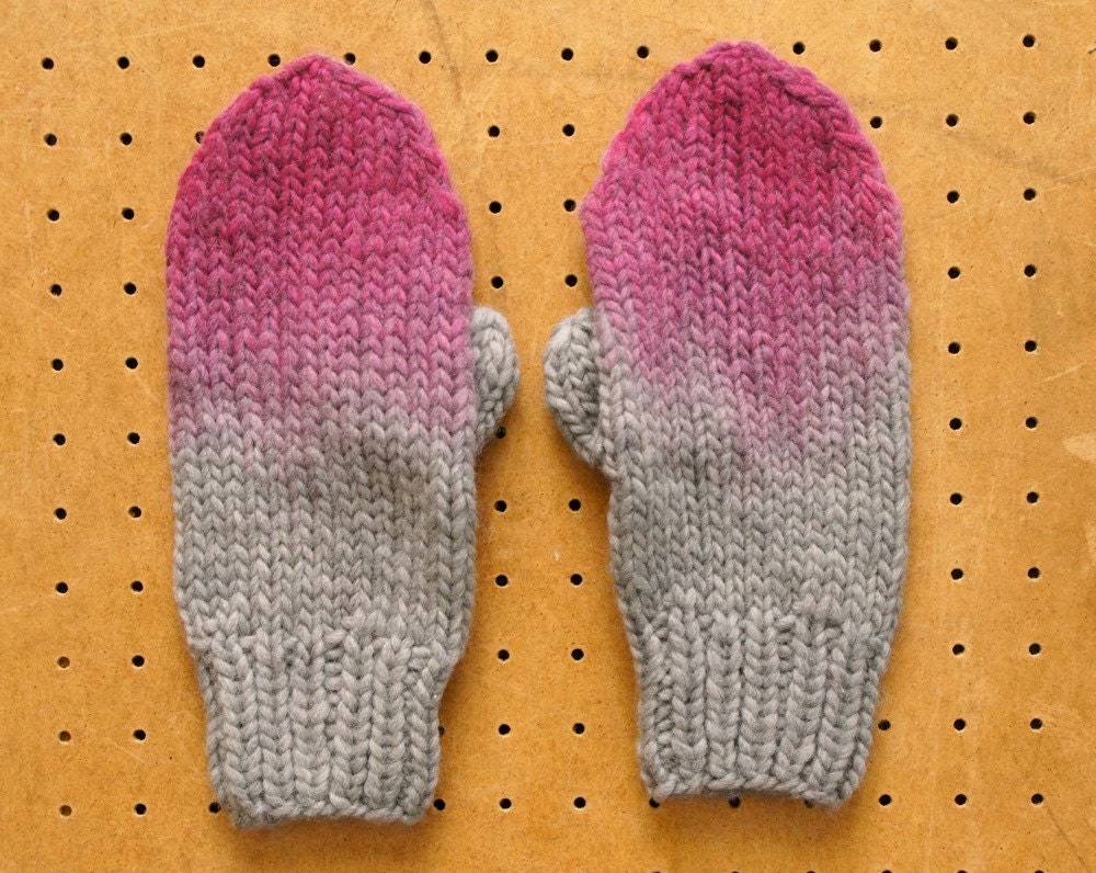 Ombre Dip Dye Mittens - Heather Gray and Hot Pink