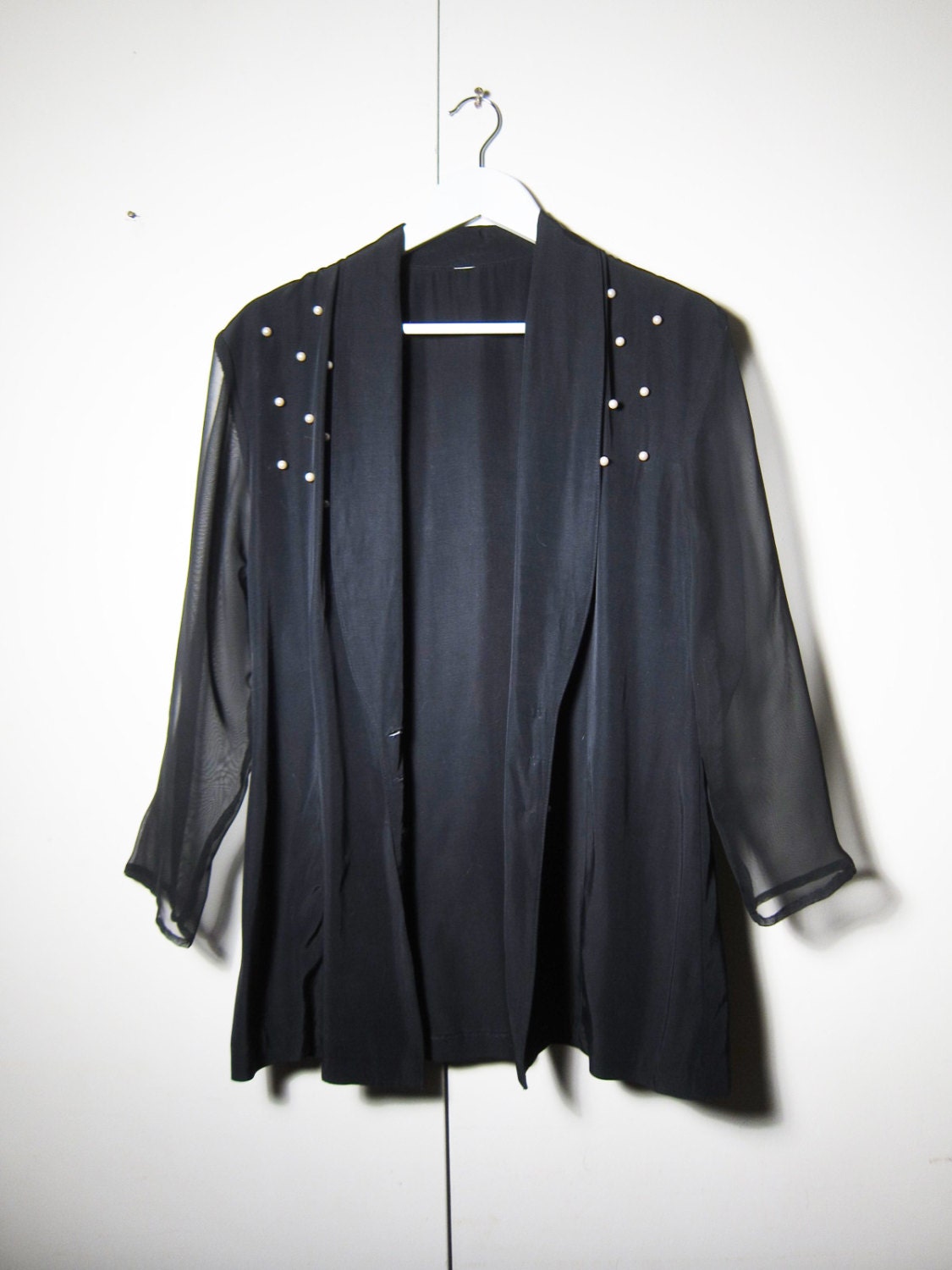 Black Blazer . Sheer Sleeves . Faux Pearls . 1990s