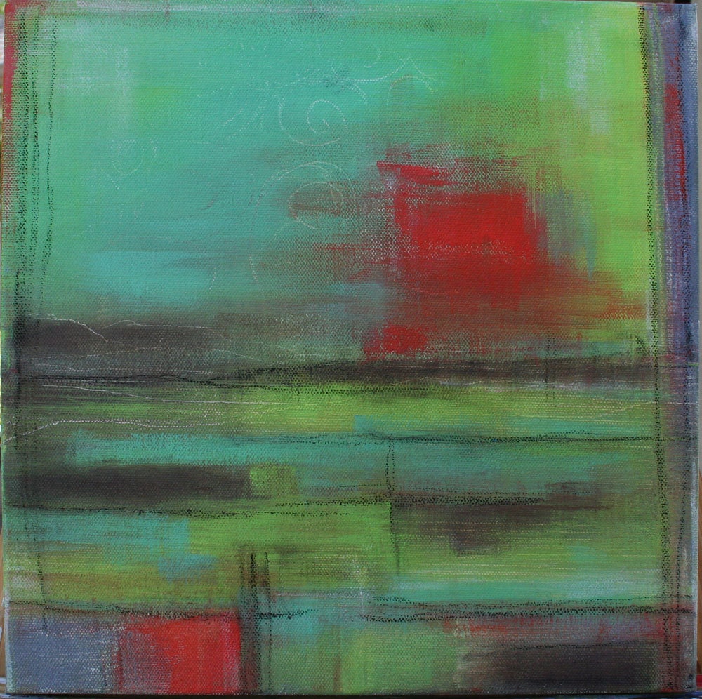 Clearance Sale: 12 X 12 mixed media artwork with red and aqua, titled " Geometry of the Sun" by Aquagirlart