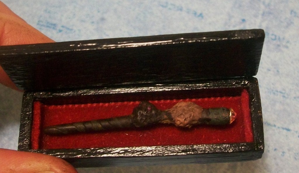 Magic Burlwood Wand Miniature Dollhouse Scale, Handcarved, Swarovski Crystal with Hinged Black Laquer Presentation Box, OOAK