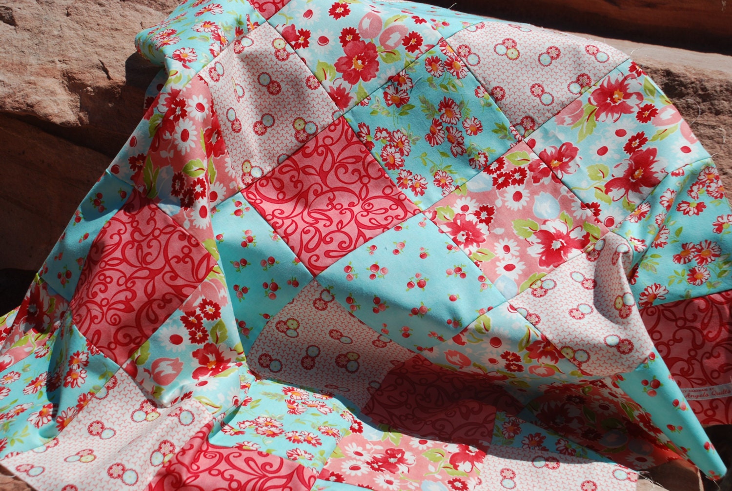 COUTURE Stroller Pram Quilt. GORGEOUS details. QUILTED 30x30. Fleece back. Moda Bonnie and Camille, Ruby.