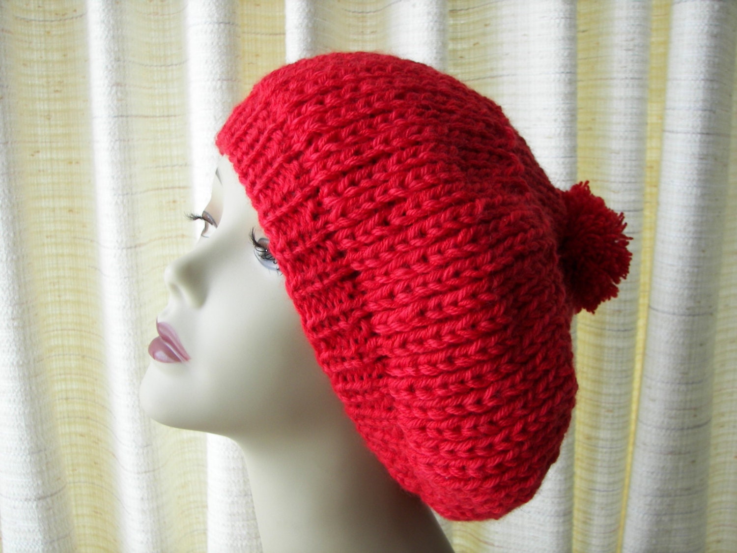 RED Slouchy Pom Pom Beanie Hat - Bamboo Wool - Slouch Hat - RED Hat - Knit Hat - Hand Knit Hat