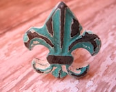 Set of 2 Distressed Turquoise Drawer Cabinet Fleur De Lis French Style Accent Knobs or Pulls For Furniture