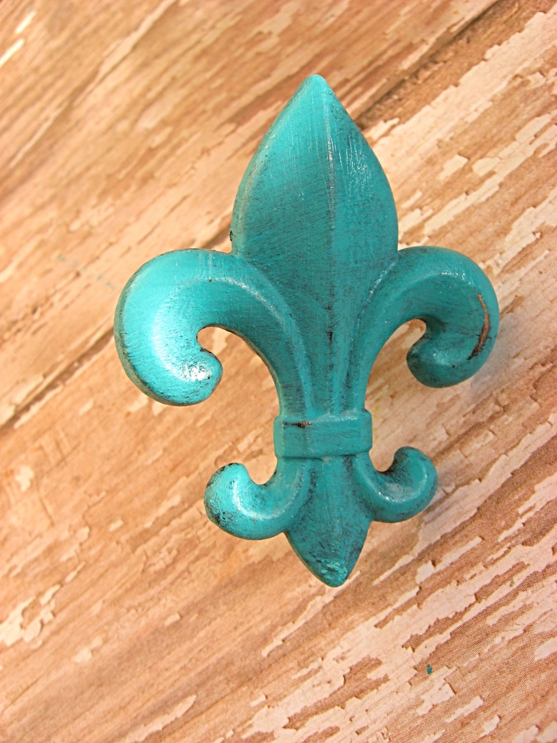 Set of 2 Fleur De Lis Knobs or Pulls for Furniture or Cabinets Shown In Turquoise Blue Custom Finish Available