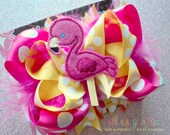 Pink Flamingo Boutique Style Hair Bow Hot Pink Yellow Orange and White Stripes Hot Pink Marabou