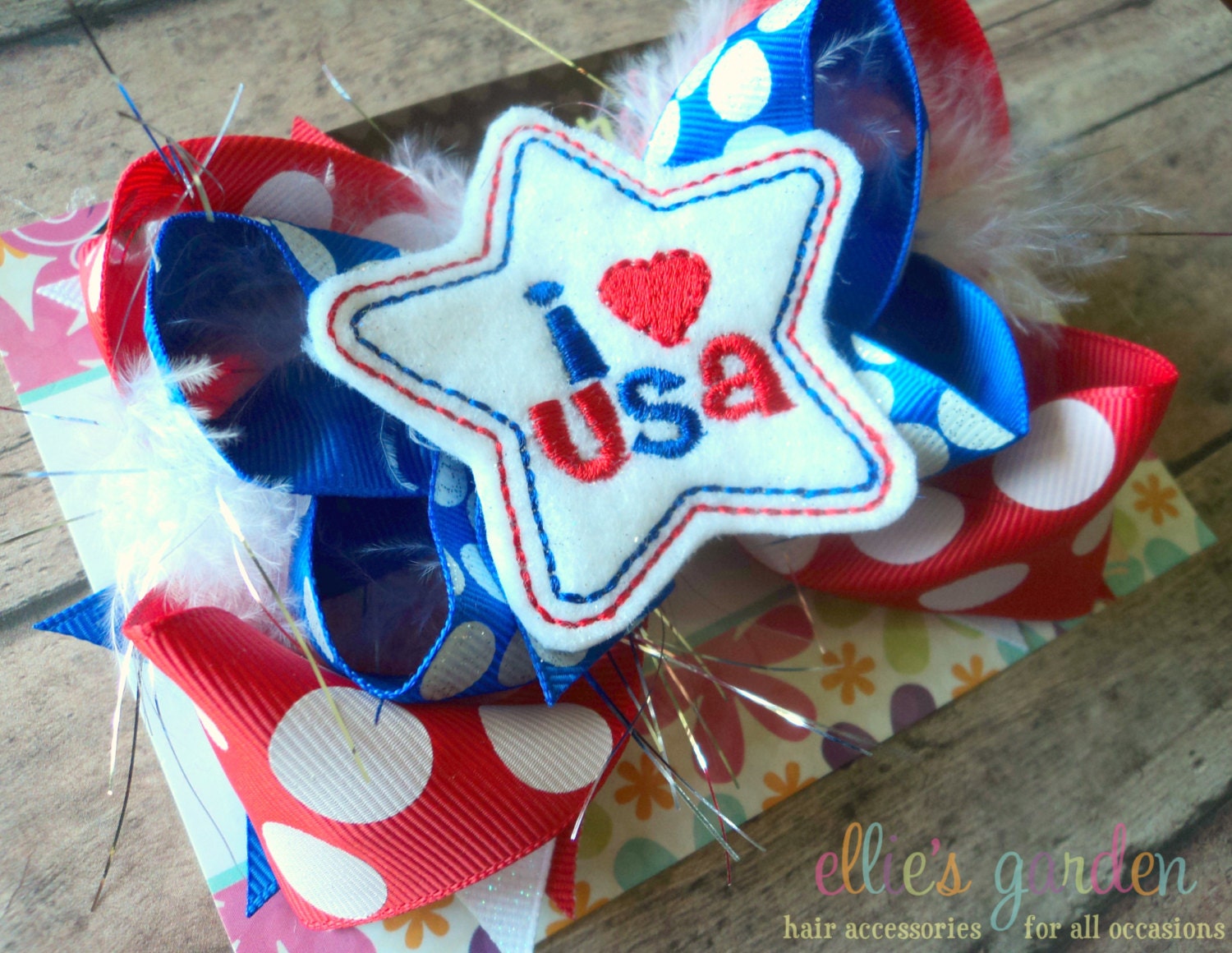 4th Fourth of July Boutique Style Hair Bow Red White Royal Blue I Heart the USA