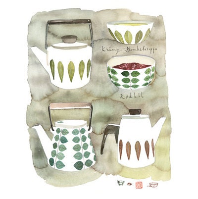 Retro housewares watercolor illustration, Large Art print of scandinavian design, Swedish Midcentury modern neutral decor kitchen poster