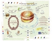 Salted caramel macarons recipe illustration on Laduree paper bag, 8X10 print, Light green macaroon poster, Kitchen art, Food artwork