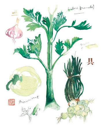 Food art, Watercolor painting, Kitchen decor, 8x10 print, Seasonal vegetable, Green poster, Farmers market