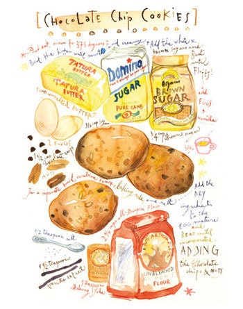 Kitchen art, Chocolate chip cookies recipe print, Bakery poster, Kitchen decor, Watercolor Food illustration, Cake art