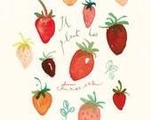 Kitchen decor, Strawberry illustration art print, Watercolor red fruit painting, 8X10 food poster